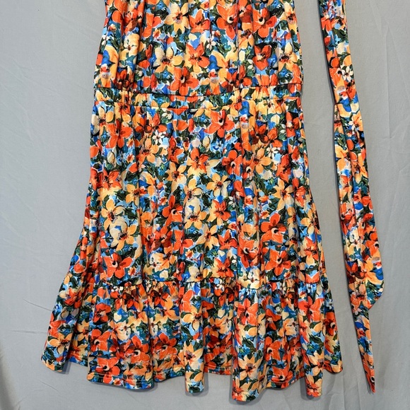 Newshows Womens Floral Halter Dress w Belt Size Large Cottagecore Tropical Flowy - Picture 4 of 7